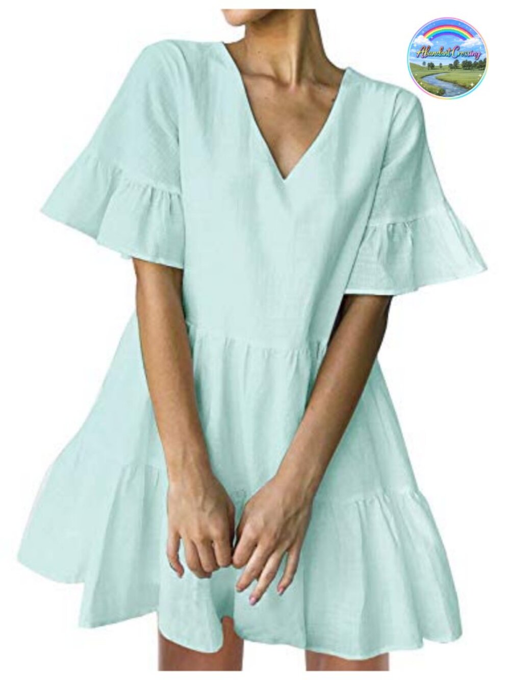 Women's V Neck Shift Mini Dress with Pockets Bell Sleeve Ruffle Hem Loose Swing